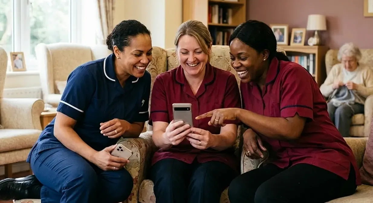 Three Care workers looking at Boost Digital Assistant